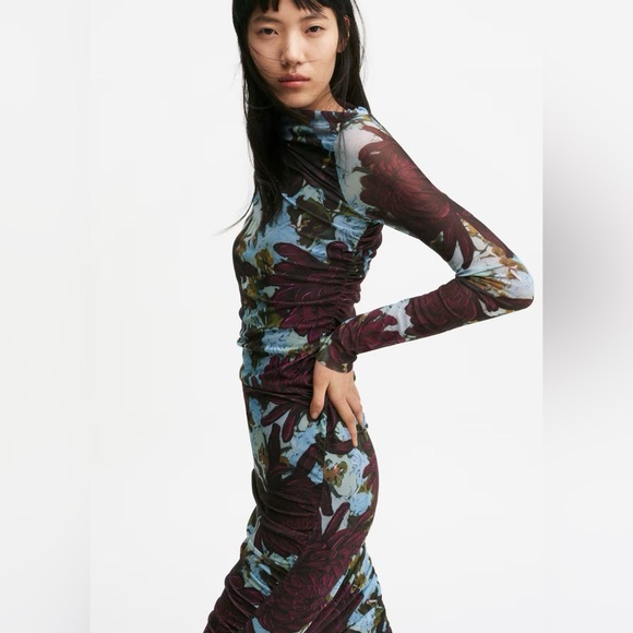 H&M Asymmetric Mesh Dress Dark Plum Purple Floral Size L NWT - Picture 3 of 6